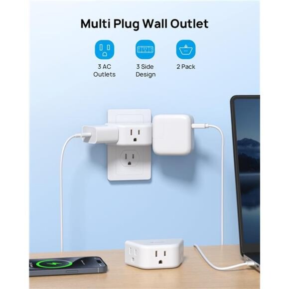 Multi Plug Outlet Extender 2 Pack - Electrical Wall Outlet Splitter,3 Way Outlet - Picture 2 of 7